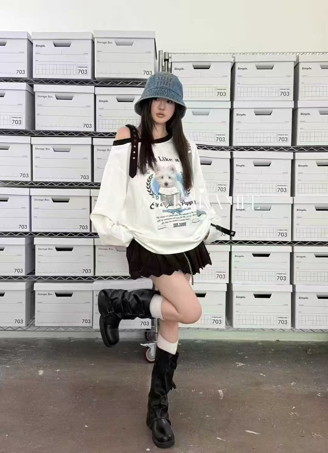 Spray-painted off-shoulder sweatshirt